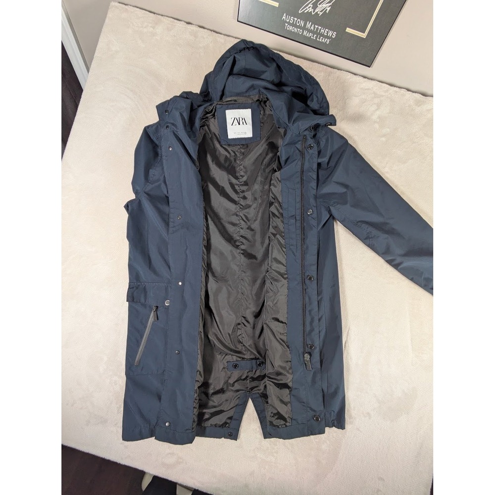 Zara Navy Blue Hooded Rain Trench - Picture 6 of 10